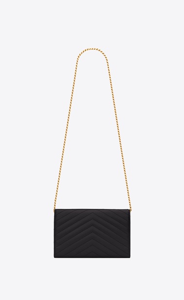SAINT LAURENT Mini sacs Enveloppe Femme portefeuille à chaîne en cuir matelassé texturé noir b_V4